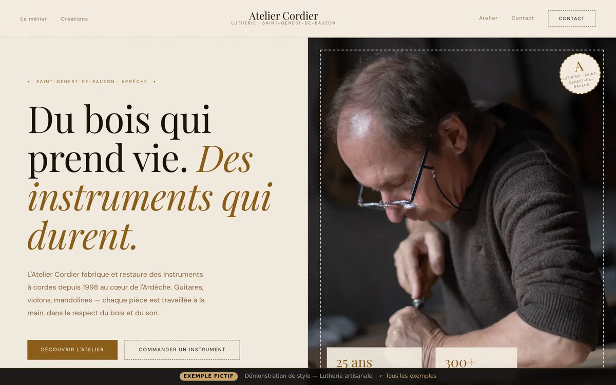 Aperçu du site démo « Atelier Cordier » — style Terroir