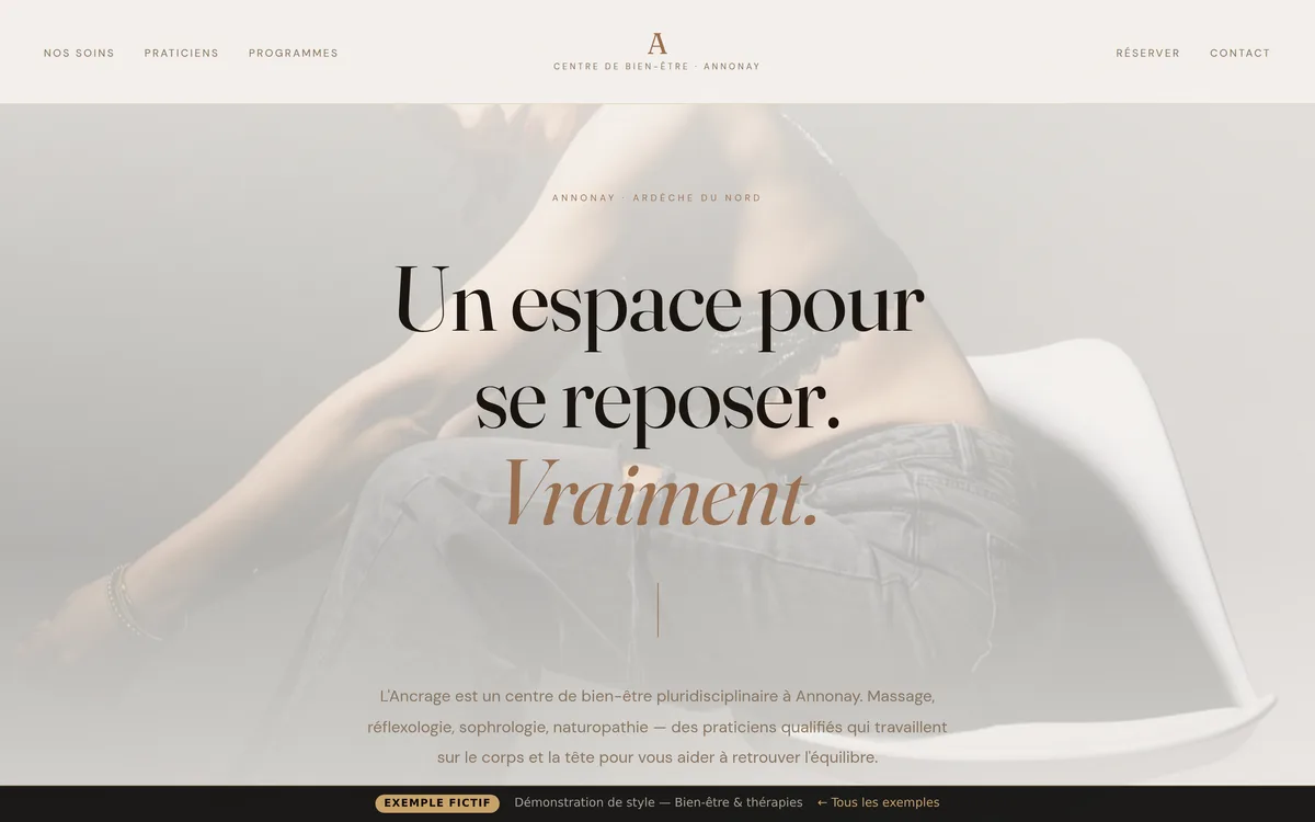 Aperçu du site démo « L'Ancrage · Centre de bien-être » — style Zen