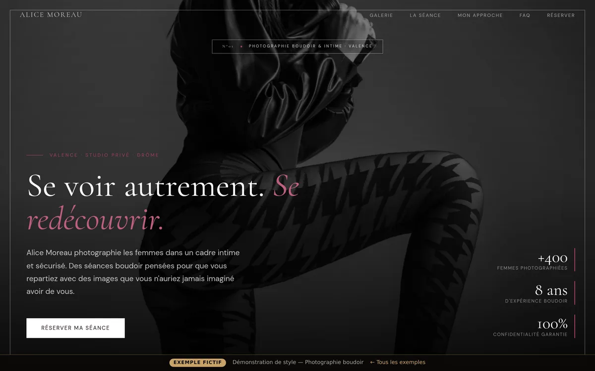Aperçu du site démo « Alice Moreau · Photographie boudoir » — style Magazine